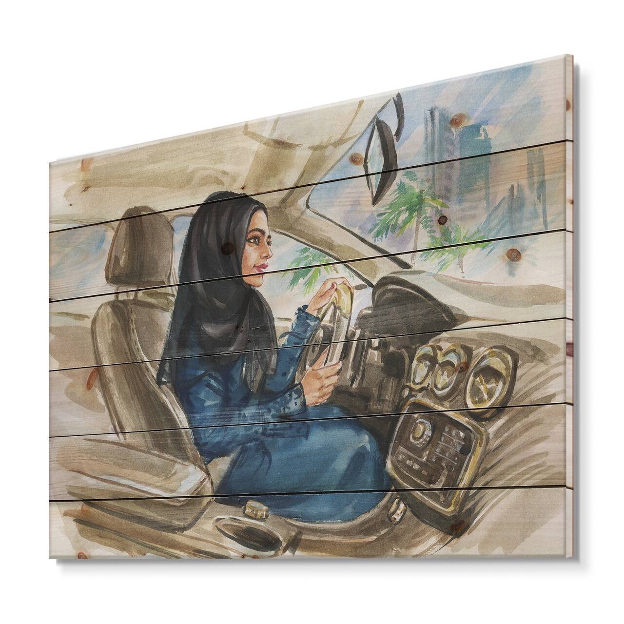 Designart - Arabian Woman Driving A Car I - Modern Print on Natural Pine Wood